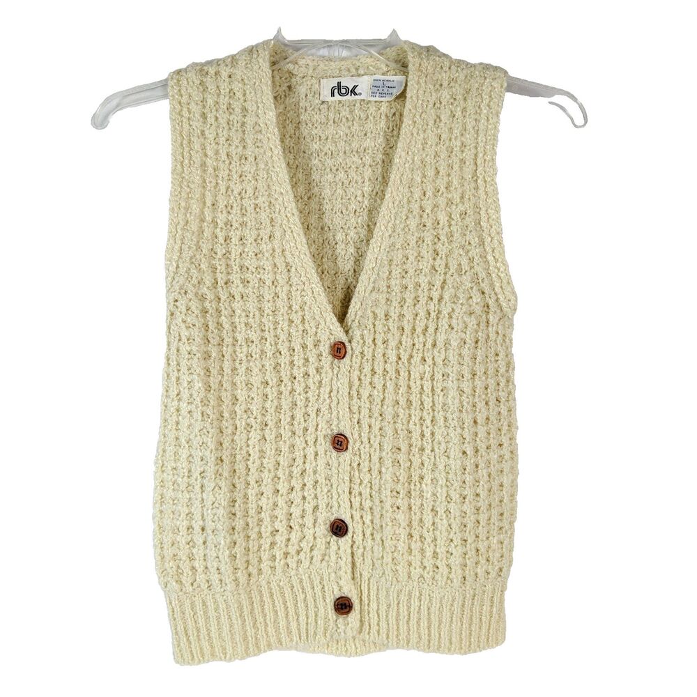 Rbk Reebok Crochet Sweater Vest Wood Buttons Ivory Vintage Women Size Large